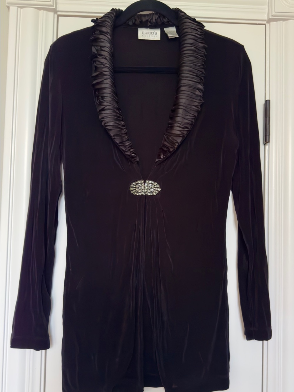 Chico's Black Long-Sleeve Tunic with Ruched Satin Collar and Jewel Clasp